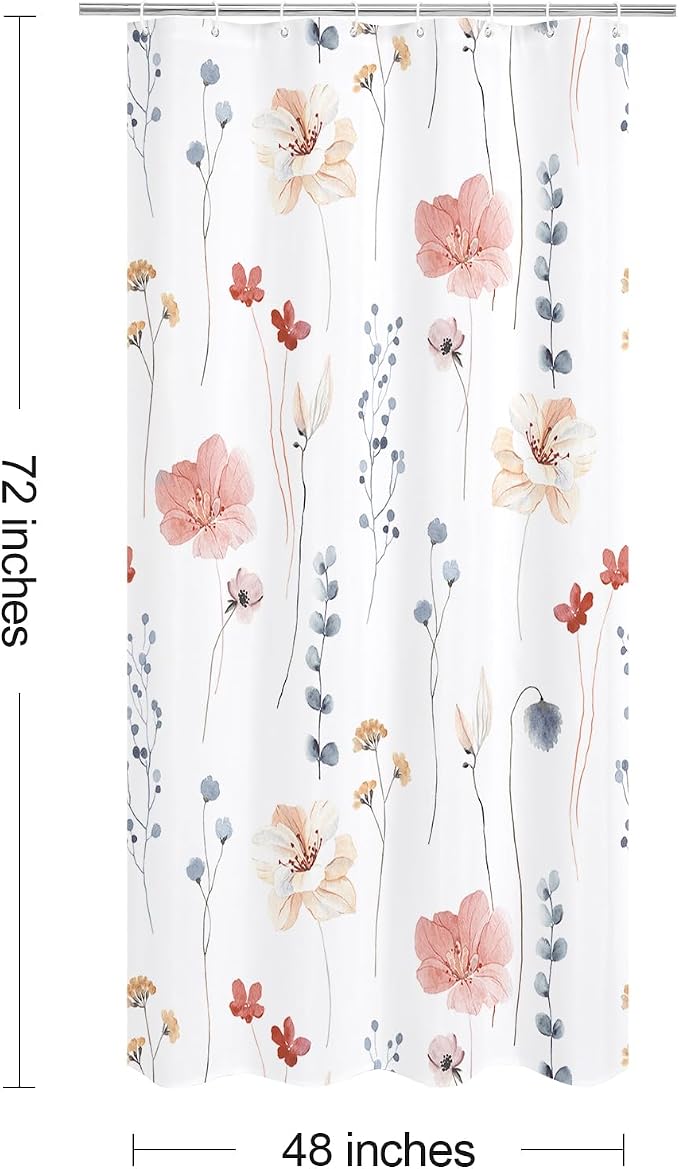 Coral Beige Watercolor Floral Fabric Shower Curtain, 48x72 | Waterproof Fabric, Modern Minimalist Floral Print, Machine Washable, Rustproof Grommets, for Bathroom Home, Stall