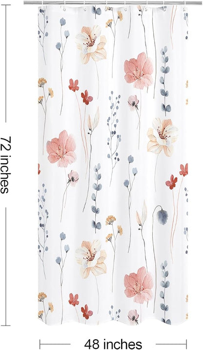 Coral Beige Watercolor Floral Fabric Shower Curtain, 48x72 | Waterproof Fabric, Modern Minimalist Floral Print, Machine Washable, Rustproof Grommets, for Bathroom Home, Stall