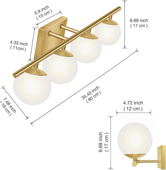 New Bathroom Vanity Light Fixtures Brushed Brass Milk White Globe Glass Shade 4 Lights Modern Wall Bar Sconce Over Mirror