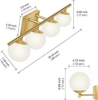 New Bathroom Vanity Light Fixtures Brushed Brass Milk White Globe Glass Shade 4 Lights Modern Wall Bar Sconce Over Mirror