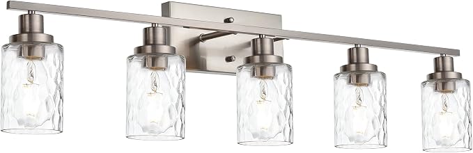 MELUCEE 5-Light Bathroom Light Fixtures Brushed Nickel Finish | Modern Vanity Light Industrial Wall Lamp with Clear Hammered Glass Shade for Powder Room Bedroom (Patent No.: US D963914 S)