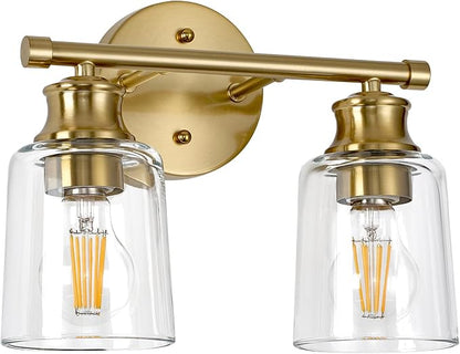 Bathroom Light Fixtures Over Mirror, 2 Lights Vanity Lights with Clear Glass Shade, 12.1" Gold Farmhouse Bathroom Wall Light Fixtures for Bedroom, Porch, Hotel, Mirror Cabinet