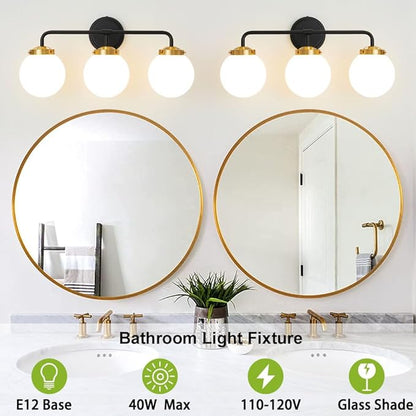 Black Gold Bathroom Light Fixtures Above Mirror, Modern Vanity Lighting with White Glass Globe Shade 3-Light Farmhouse Wall Sconce
