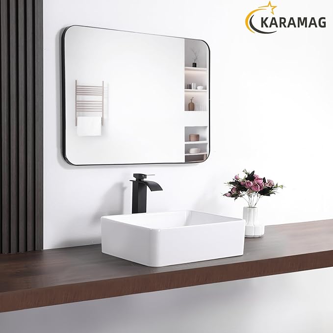Bathroom Vessel Sink Rectangle-KARAMAG 19x15 Inch Bathroom Sink Countertop Rectangular 19 Inch Modern Above Counter White Porcelain Ceramic Vessel Vanity Sink Art Basin