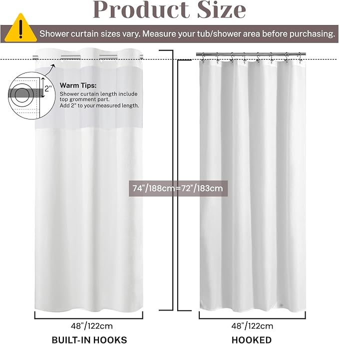 SORTTO No Hook Slub Shower Curtain with Liner, 48x74, White | Snap in Liner, 3 in 1, Bamboo Texture, Hotel Style, Waterproof Fabric, Mesh Top Window, Corner Magnets, Machine Washable