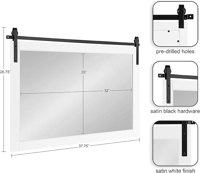 Kate and Laurel Skylan Modern Farmhouse Decorative Wood Framed Wall Mirror; 38 x 27; White and Black; Barn Door-Inspired Transitional Wall Hanging Mirror for Bathroom or Living Room Uses