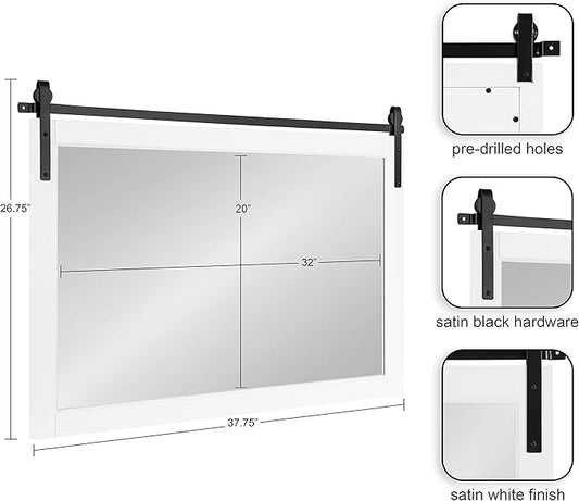 Kate and Laurel Skylan Modern Farmhouse Decorative Wood Framed Wall Mirror; 38 x 27; White and Black; Barn Door-Inspired Transitional Wall Hanging Mirror for Bathroom or Living Room Uses