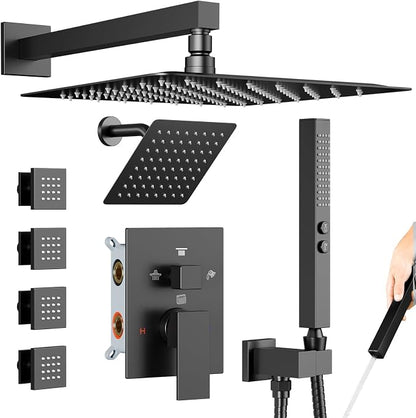 Shower System with Body Jets, Bostingner Four Modes Shower Faucet 12+6" Rain Shower Head with Handheld Spray 2 Ways, 4Pcs Shower Jets System in Wall Shower Faucet Sets Complete, Matte Black