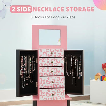JOYMOR Kids Jewelry Armoire Cabinet with Top Flip Mirror and Storage Organizer, Standing Jewelry Cabinet with 5 Drawers, Freestanding Jewelry Storage for Girls