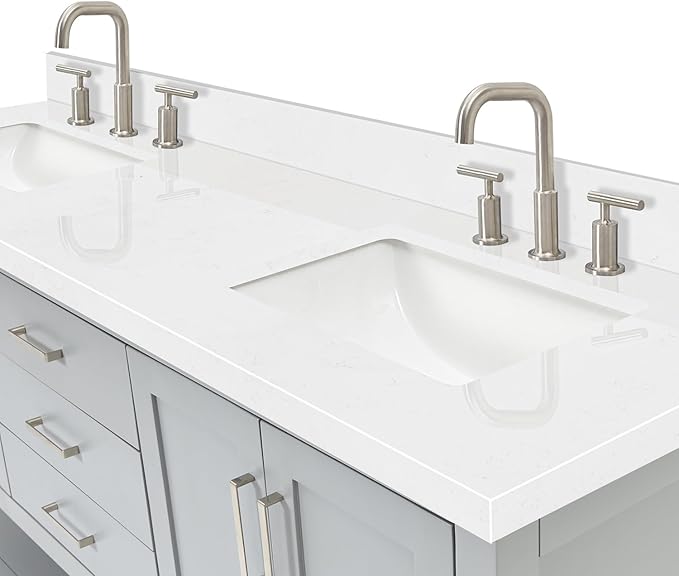 ARIEL Magnolia 72-inch Bathroom Vanity with Sink,Solid Wood, 1.5-inch Carrara White Quartz Countertop & Backsplash, Double Rectangular Porcelain Sink, 4 Soft Closing Doors, 3 Dovetail Drawers, Grey