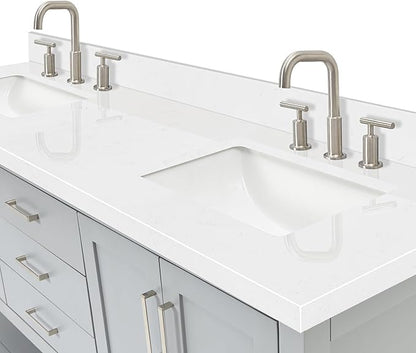 ARIEL Magnolia 72-inch Bathroom Vanity with Sink,Solid Wood, 1.5-inch Carrara White Quartz Countertop & Backsplash, Double Rectangular Porcelain Sink, 4 Soft Closing Doors, 3 Dovetail Drawers, Grey