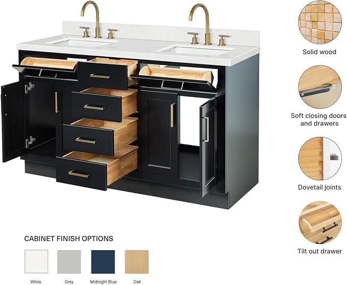ARIEL Hepburn 60-inch Bathroom Vanity with Sink,Solid Wood, 1.5-inch Carrara White Quartz Countertop & Backsplash, Double Rectangular Porcelain Sink, 4 Soft Closing Doors, 6 Dovetail Drawers, Black