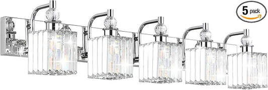 Ralbay Modern Crystal Bathroom Vanity Light 5 Light 40''Chrome Vanity Lighting Over Mirror Bathroom Wall Lighting Fixtures