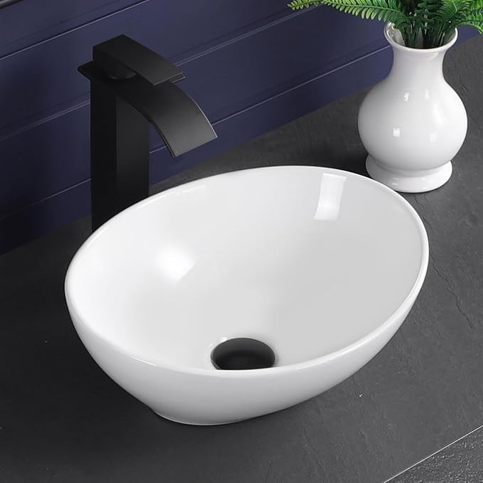 Vessel Sink 16"x13" Oval Bathroom Sink Modern White Porcelain Ceramic Above Counter Drop-in Vanity Sink for Bathrooms Art Basin