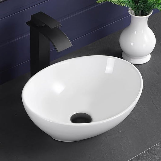 Vessel Sink 16"x13" Oval Bathroom Sink Modern White Porcelain Ceramic Above Counter Drop-in Vanity Sink for Bathrooms Art Basin