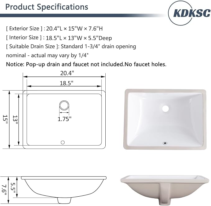 21 Inch Undermount Bathroom Sink White Ceramic Rectangular Under Counter Bathroom Sink for Cabinet Porcelain Vanity Sinks,Overflow Type (20.4"x15.0")