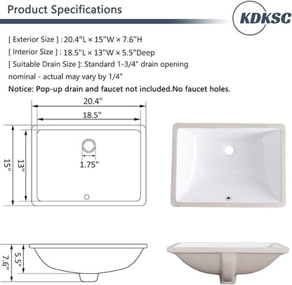 21 Inch Undermount Bathroom Sink White Ceramic Rectangular Under Counter Bathroom Sink for Cabinet Porcelain Vanity Sinks,Overflow Type (20.4"x15.0")