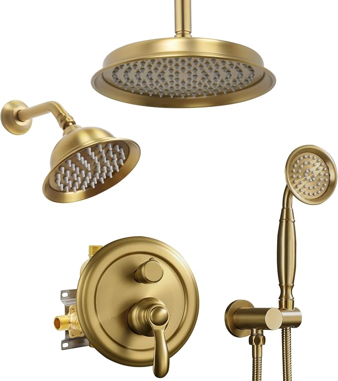 Dual Rain Shower Head System with Handheld Antique Faucet Set | Brushed Titanium Gold, Multi-layer Plating, Vintage Rainfall, 3 Way Diverter Brass Valve with Trim Kit, Easy Install