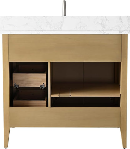 HOMEBEYOND 36" Bathroom Vanity with Sink, Solid Wood Bathroom Vanity Free-Standing Cabinet, Drawers, Ceramic Top & Soft Closing Door, Golden Brushed Handware, Natural Oak