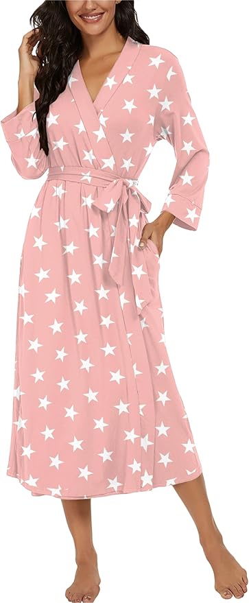 VINTATRE Women Kimono Robes Long Knit Bathrobe Lightweight Soft Knit Sleepwear V-neck Casual Ladies Loungewear