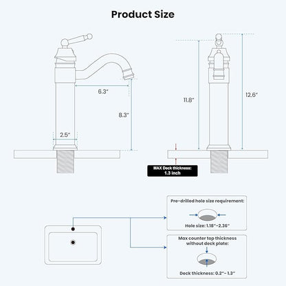 gotonovo Bathroom Vessel Sink Faucet Single Handle Brass Long Reach Bathroom Faucet 1 Hole Deck Mounted Mixer Tap with Pop Up Drain Matte Black