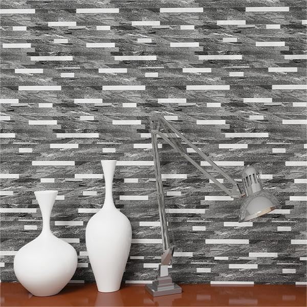 KASARO Peel and Stick Marble Backsplash Tile, 10 Sheets, Black Marble with Silver Embellished Stripes, Self-Adhesive Wall Tile for Kitchen, Bathroom, Fireplace, RV (11.4” x 10.6”)