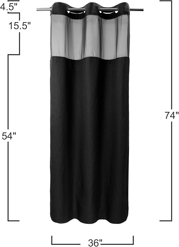 RiverDream Heavyweight Waffle No Hook Shower Curtain with Liner,Black,36x74 | Dotted Waffle,Snap-in Liner,Heavy Duty,Quick Dry,Mesh Top Window,With Bottom Magnets,Hotel-Grade,Washable,Small Stall Size