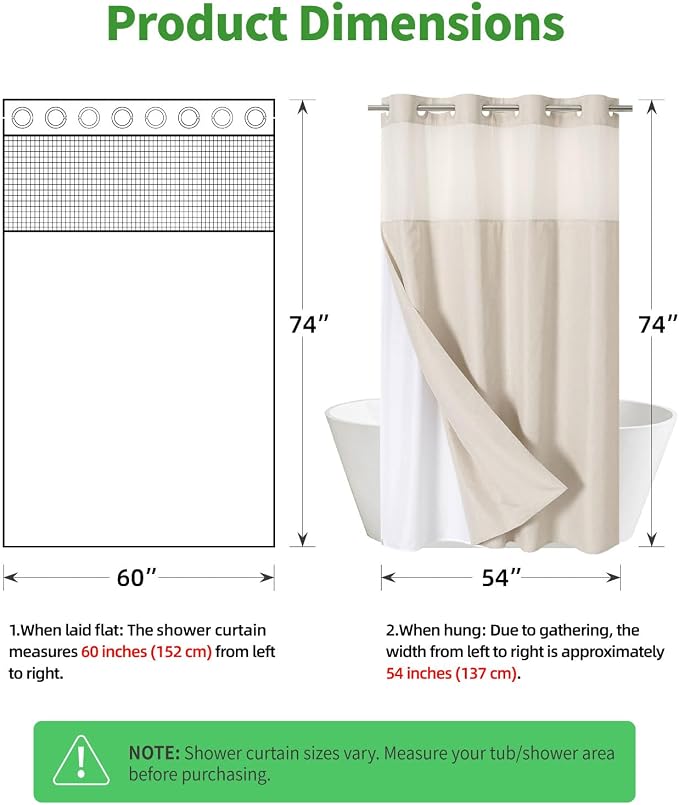 eachope No Hook Linen Texture Shower Curtain with Snap-in Liner,60x74 Cream | 230GSM Thick Fabric,Hotel Luxury Decor,Mesh Top Window,Waterproof & Machine Washable,for Shower Stall or Bathroom