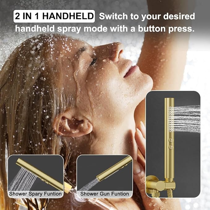 Shower Systems Round Shower Faucet Set, 12+6" Dual Rainfall Shower head with 2 in 1 Handheld Spray, Ceiling Mount Push Button Shower Set with Valve and Trim Kit Brushed Gold,Can Use All at Once
