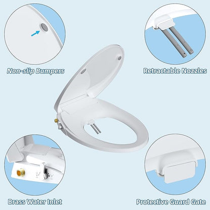 Hibbent Elongated Bidet Toilet Seat with Slow Close, Non-Electric Bidet Attachment for Toilet Seat with Dual Nozzle, Bidet Sprayer with Adjustable Self-Cleaning Nozzles, Brass T Adapter