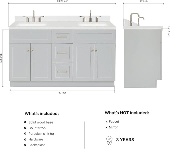 ARIEL Hamlet 60-inch Bathroom Vanity with Sink,Solid Wood, 1.5-inch Carrara White Quartz Countertop & Backsplash, Double Rectangular Porcelain Sink, 4 Soft Closing Doors, 3 Dovetail Drawers, Grey