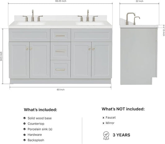 ARIEL Hamlet 60-inch Bathroom Vanity with Sink,Solid Wood, 1.5-inch Carrara White Quartz Countertop & Backsplash, Double Rectangular Porcelain Sink, 4 Soft Closing Doors, 3 Dovetail Drawers, Grey