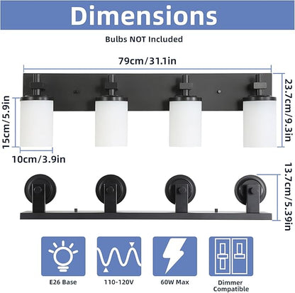 LOUSACE Bathroom Lighting Fixtures Over Mirror 4 Light Bathroom Vanity Lights Matte Black, Wall Vanity Lighting Fixture with Opal White Glass Shades for Vanity Cabinet