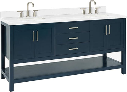 ARIEL Magnolia 72-inch Bathroom Vanity with Sink,Solid Wood, 1.5-inch Carrara White Quartz Countertop, Double Rectangular Porcelain Sink, 4 Soft Closing Doors, 3 Dovetail Drawers, Midnight Blue