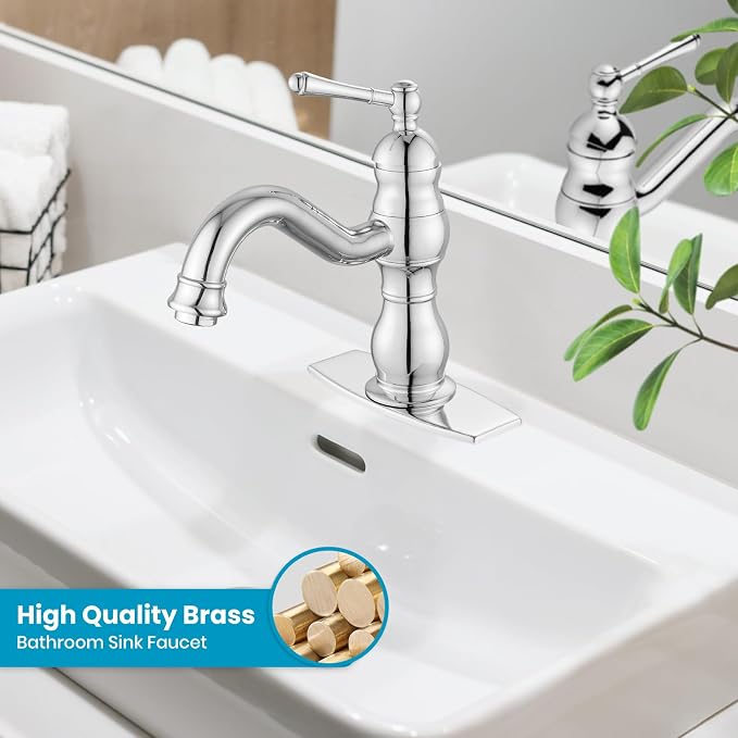 gotonovo Bathroom Faucet 1 Hole Vintage,Polish Chrome,7.1” Spout Reach | Bathroom Sink Faucet for 1 or 3 Hole Single Handle,Deck Plate,360° Swivel Spout,Pop Up Drain,cUPC Supply Hoses,for Vanity RV