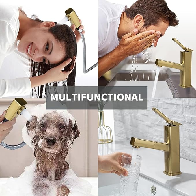 KAIYING Bathroom Sink Faucet with Pull Out Sprayer, Single Handle Basin Mixer Tap for Hot and Cold Water, Lavatory Pull Down Sink Faucet with Rotating Spout (Regular,Brushed Champagne Gold)