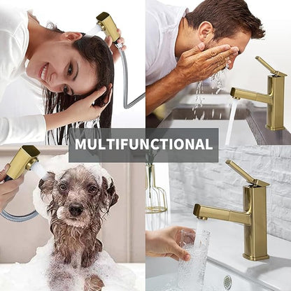 KAIYING Bathroom Sink Faucet with Pull Out Sprayer, Single Handle Basin Mixer Tap for Hot and Cold Water, Lavatory Pull Down Sink Faucet with Rotating Spout (Regular,Brushed Champagne Gold)