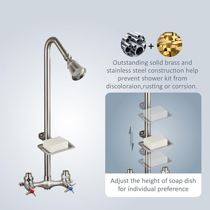 Aolemi Outdoor Shower Kit,2-Handle with Soap Dish,Brushed Nickel | Solid Brass Showerhead and Valve,SUS304 Riser,6-Inch Centers,Soap Dish,Reversible Upward/Downward Exposed Shower Install