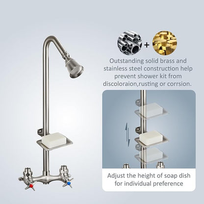Aolemi Outdoor Shower Kit,2-Handle with Soap Dish,Brushed Nickel | Solid Brass Showerhead and Valve,SUS304 Riser,6-Inch Centers,Soap Dish,Reversible Upward/Downward Exposed Shower Install