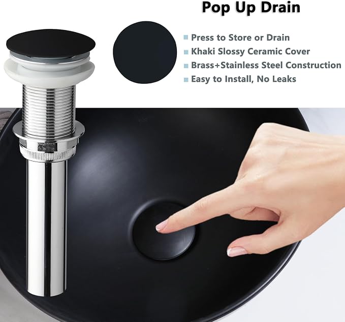 Black Resin Vessel Sink Set 13 inch Round | With Faucet and Pop-Up Drain, Top Mount Bathroom Basin, Compact Design, Space Saving for Small Bathrooms