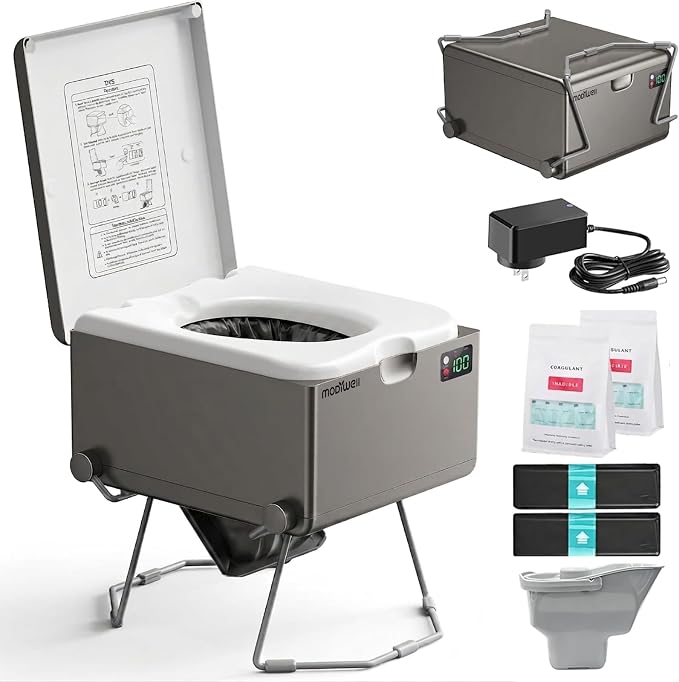 LE-310 Compact Dry Flush Toilet for Van Life and Off-Grid, Gray | Self-Contained rechargeable, Foldable design, no plumbing setup, easy storage, made for RVs, road trips, cabins and marine