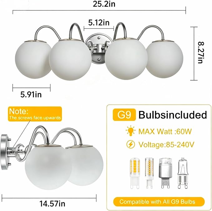 4 Lights Vintage Bathroom Vanity Light Fixtures Over Mirror, Brushed Nickel Vanity Lights For Bathroom With Milk White Glass Globe Shade, Wall Lights For Bedroom, Hallway, Dressing Table(G9 Incl.)