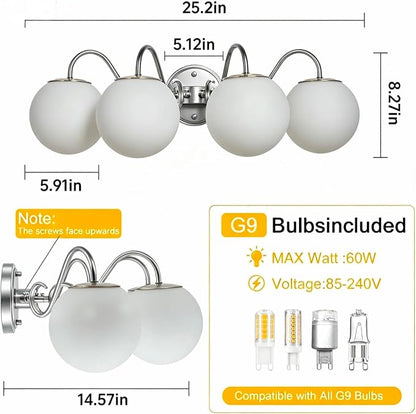 4 Lights Vintage Bathroom Vanity Light Fixtures Over Mirror, Brushed Nickel Vanity Lights For Bathroom With Milk White Glass Globe Shade, Wall Lights For Bedroom, Hallway, Dressing Table(G9 Incl.)