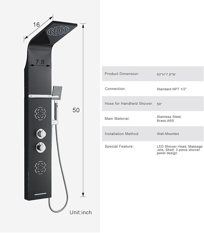 POPFLY LED Shower Panel Tower System with Shelf, MIST & Rainfall Shower Head and Rain Massage System with 2 Body Jets, Tub Spout, Handheld Shower with 59" Hose, 304 Stainless Steel, Matte Black