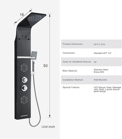 POPFLY LED Shower Panel Tower System with Shelf, MIST & Rainfall Shower Head and Rain Massage System with 2 Body Jets, Tub Spout, Handheld Shower with 59" Hose, 304 Stainless Steel, Matte Black
