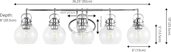 JONATHAN Y 36.25" Chrome Shirley 5-Light Bathroom Vanity Light, Metal Wall Sconce, Clear Seeded Glass Shade, Modern Transitional Farmhouse Fixture, LED Bulbs Included (JYL7906A)