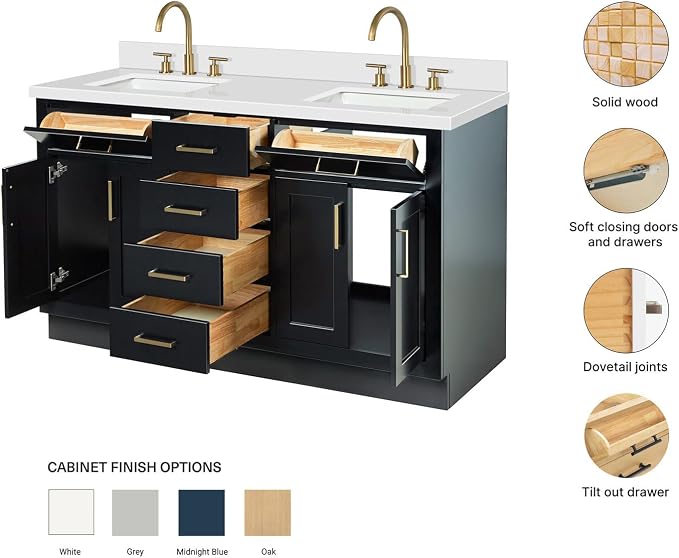 ARIEL Hepburn 60-inch Bathroom Vanity with Sink,Solid Wood, 1.5-inch Pure White Quartz Countertop & Backsplash, Double Rectangular Porcelain Sink, 4 Soft Closing Doors, 6 Dovetail Drawers, Black