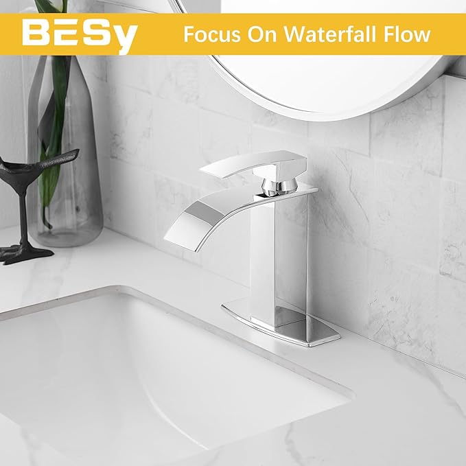 BESy Polished Chrome Waterfall Spout Bathroom Faucet, Single Handle Bathroom Sink Faucet with Pop-up Drain, Rv Vanity Faucet with Deck Plate & cUPC Supply Hoses, Polished Chrome, 1 or 3 Hole