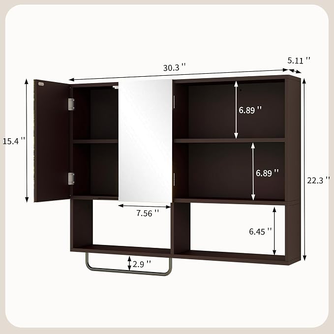 Bathroom Wall Cabinet, Medicine Cabinet, with Mirror & Towel Bar, Espresso