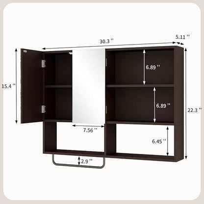 Bathroom Wall Cabinet, Medicine Cabinet, with Mirror & Towel Bar, Espresso